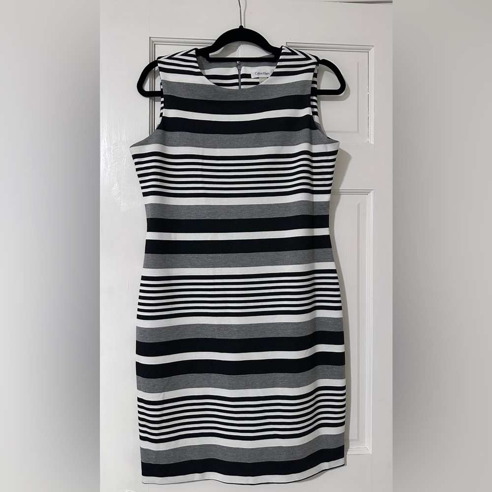 Calvin Klein Striped Black and White Sleeveless Sheath Dress, Size 10
